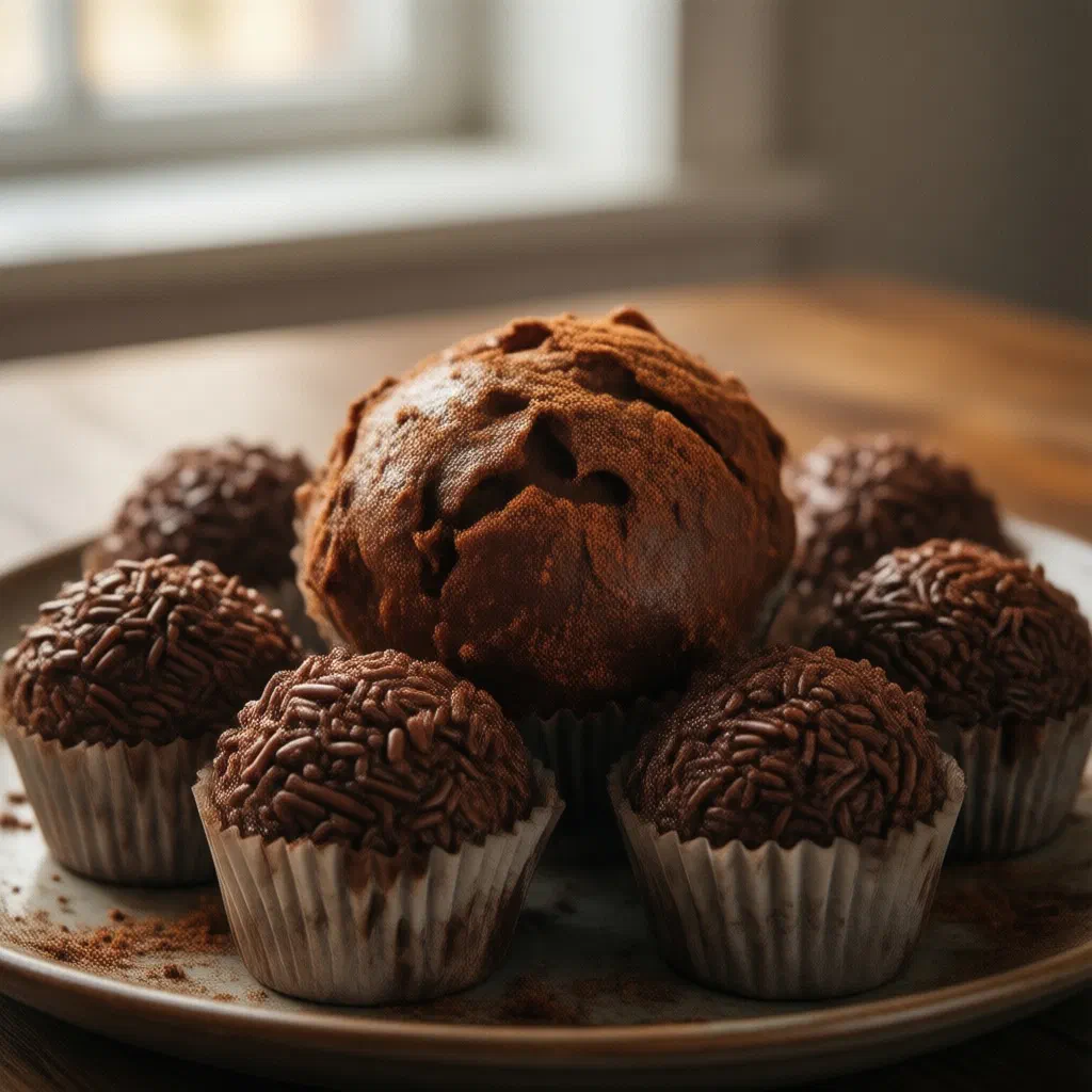 Chocolate brigadeiro truffles rolled in chocolate sprinkles in paper cases