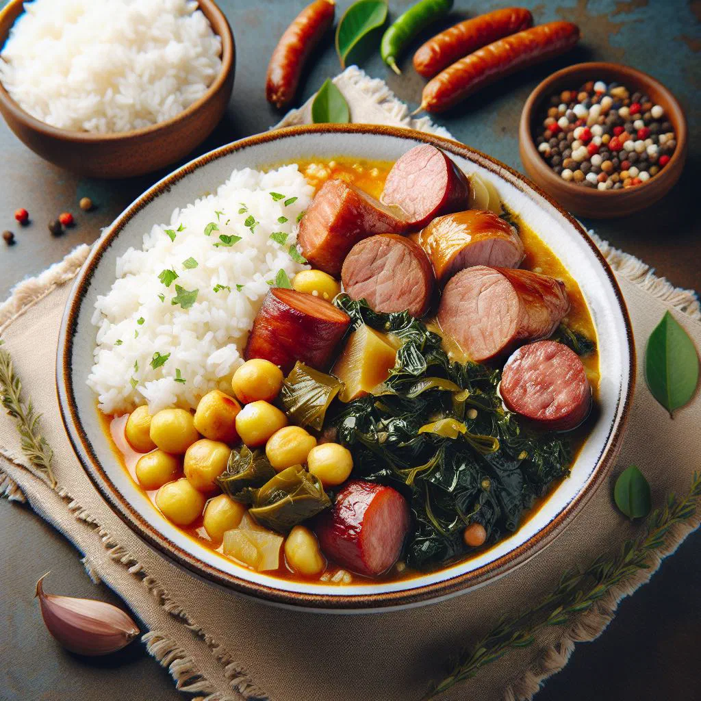 A bowl of canjiquinha, a thick Brazilian corn and meat stew, garnished with fresh herbs