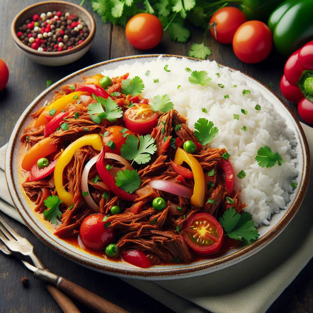 Shredded carne louca with onions and colourful peppers served warm