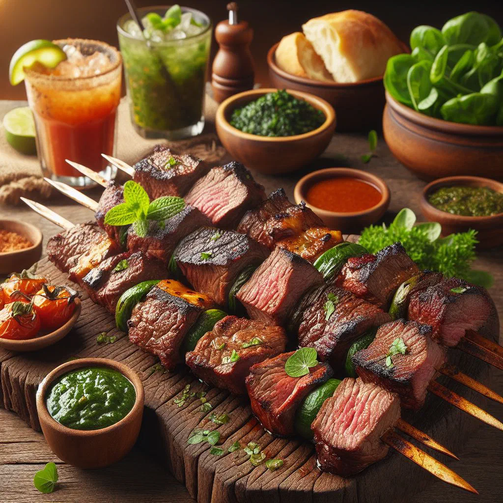Skewers of juicy grilled meat over an open fire, Brazilian churrasco style
