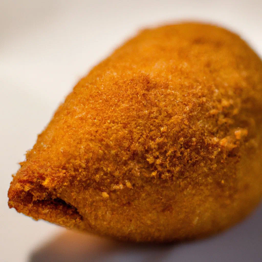 Golden, teardrop-shaped Brazilian coxinha with a crisp breadcrumb coating