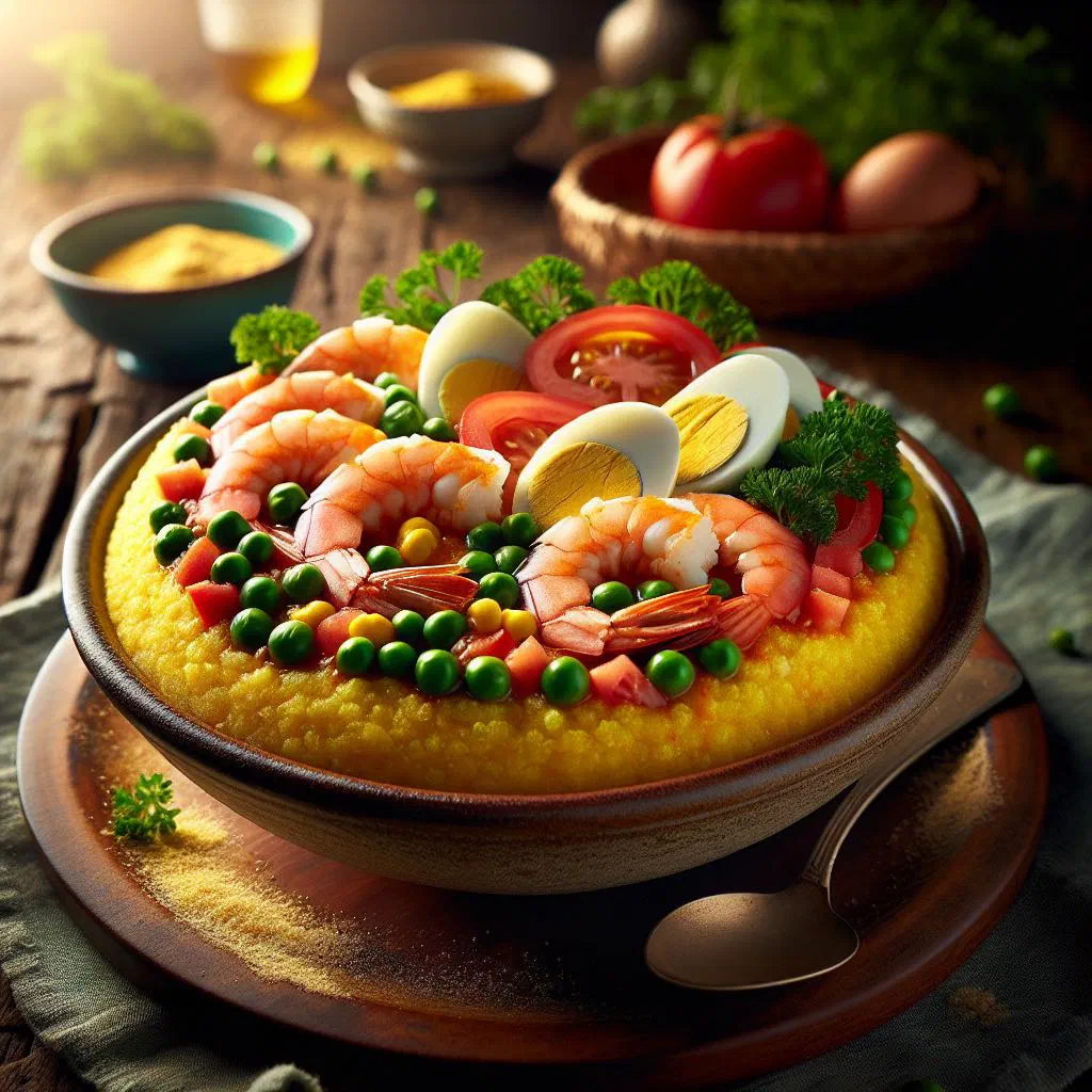 Cuscuz Paulista turned out of its mould and garnished with fresh vegetables