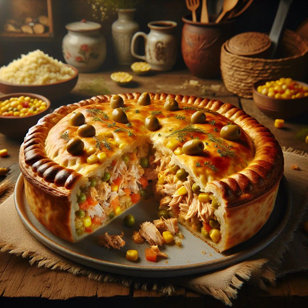 Golden-baked Empadão Goiano savoury pie sliced to reveal a hearty meat filling
