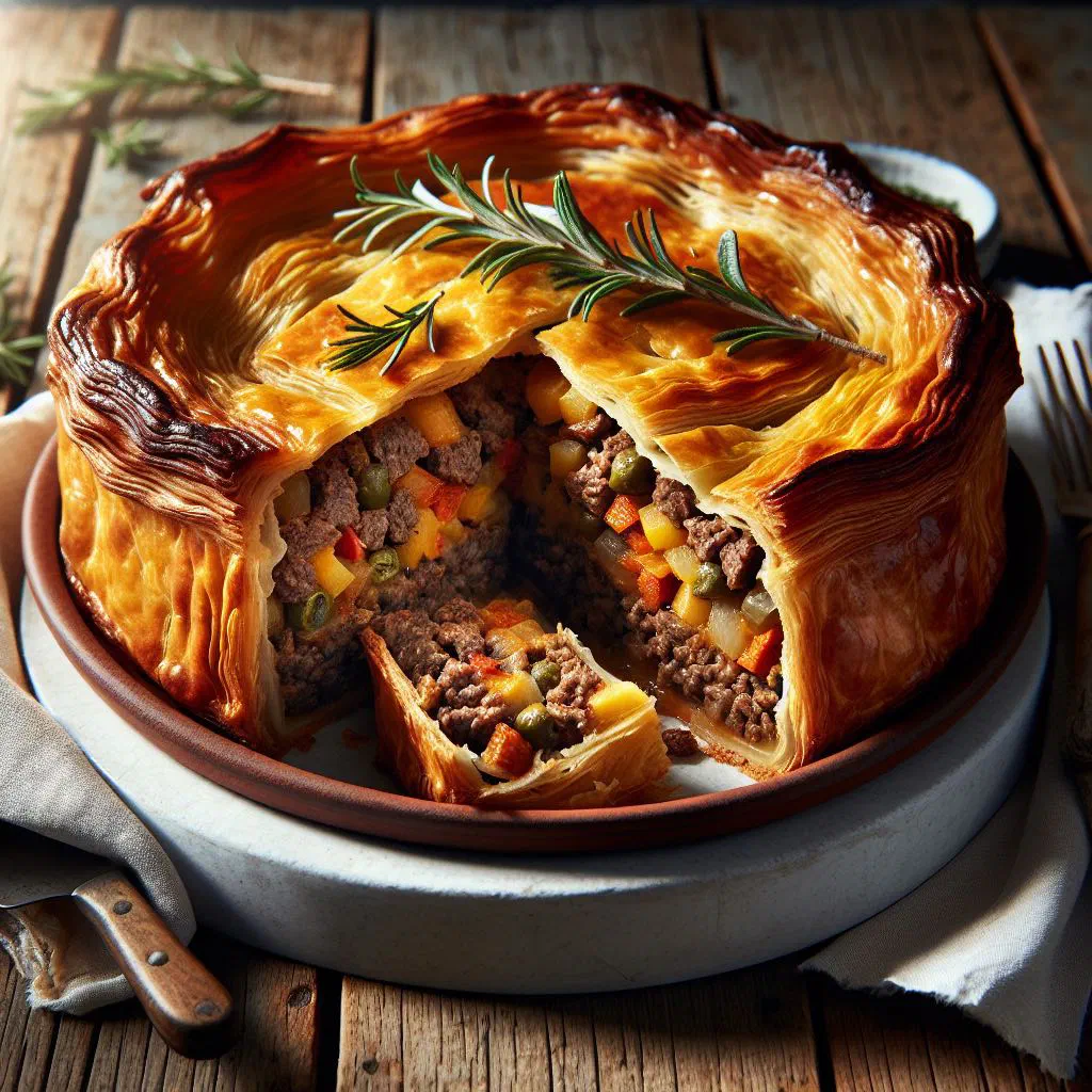 Golden-baked Brazilian empadão savoury pie sliced to show the meat and vegetable filling