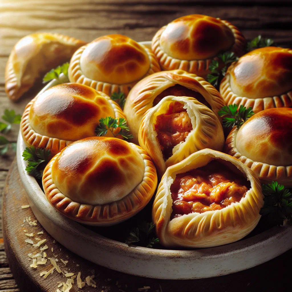 Golden baked empadinhas, small Brazilian savoury pastries, on a plate
