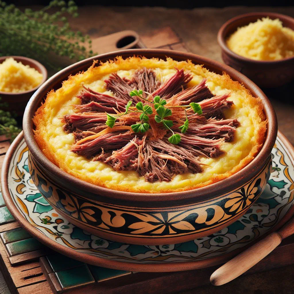 Layered Brazilian escondidinho de carne seca with creamy cassava mash and shredded dried beef