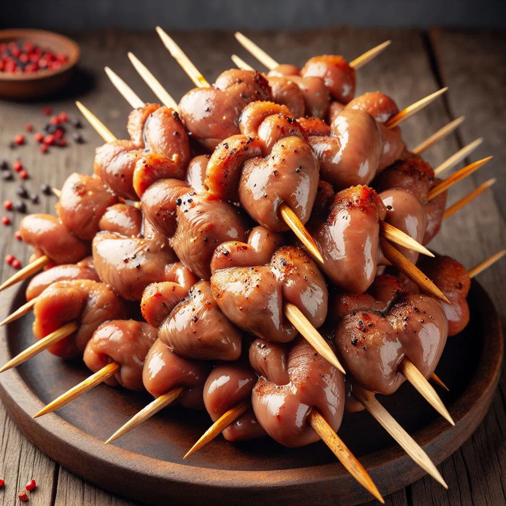 Grilled chicken heart skewers garnished with fresh herbs