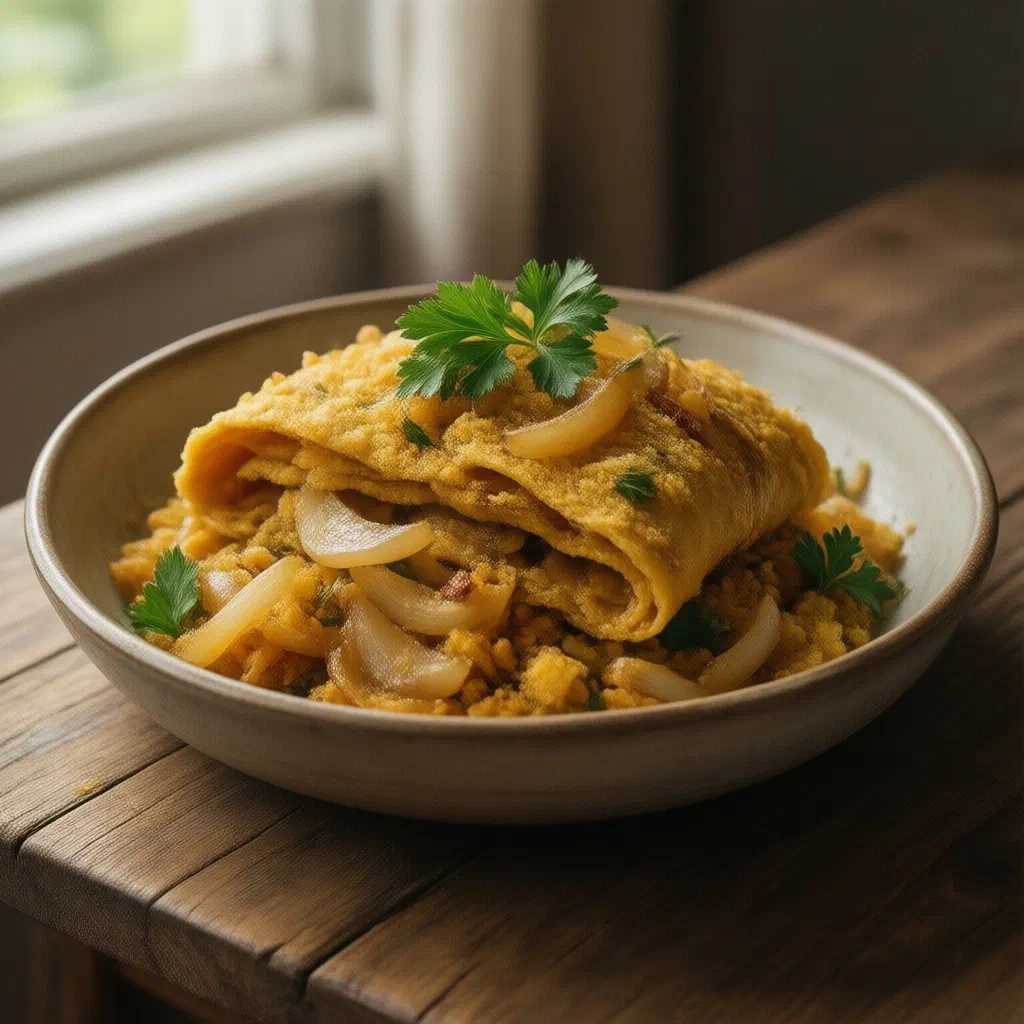 A bowl of golden toasted farofa garnished with fresh parsley