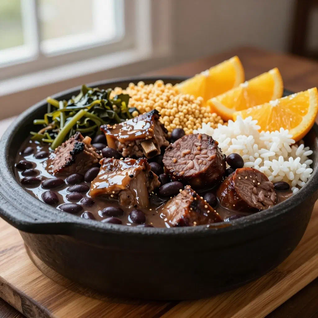 A hearty bowl of feijoada with black beans, pork and beef, served with rice