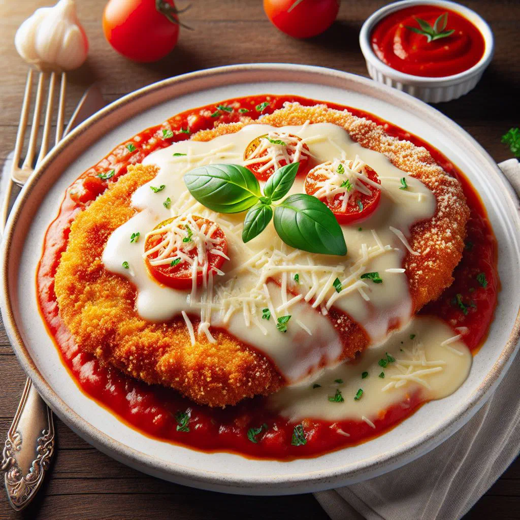Breaded beef steaks topped with tomato sauce and melted cheese, served with rice and chips
