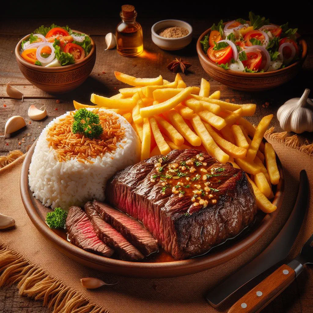 Pan-fried beef fillet with crispy garlic, served with chips and salad