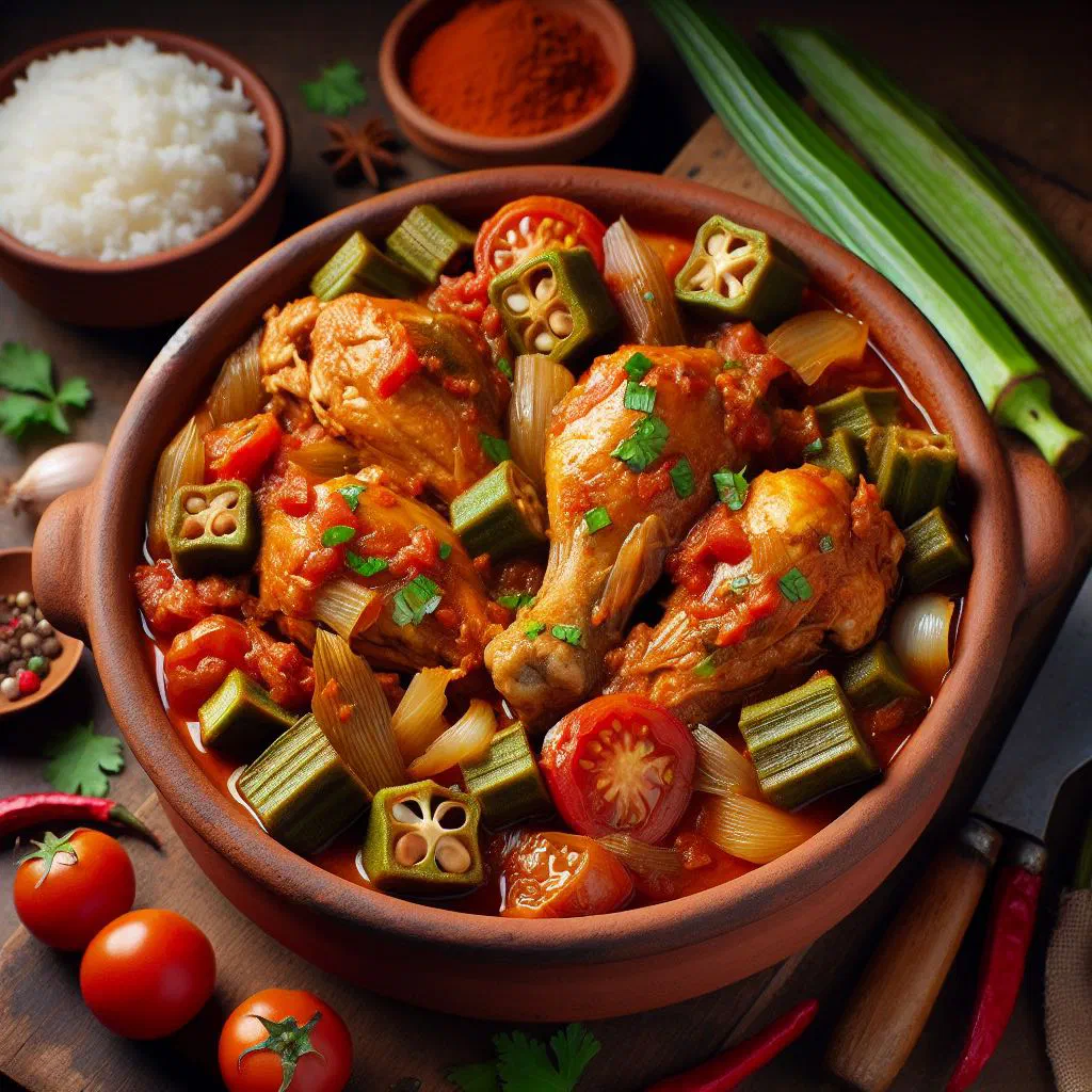 Brazilian frango com quiabo, chicken with okra in a tomato sauce