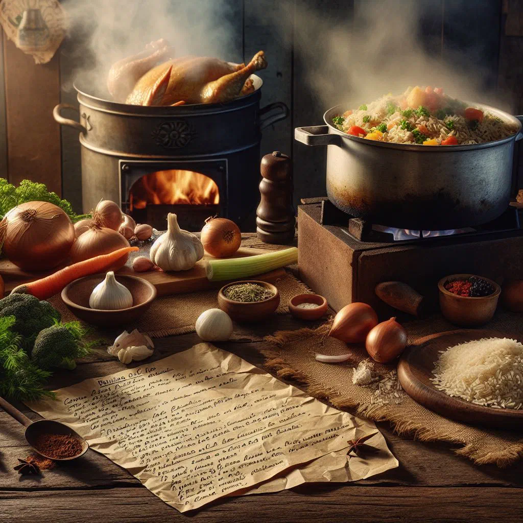 Galinha caipira chicken stew in a rustic bowl garnished with fresh herbs