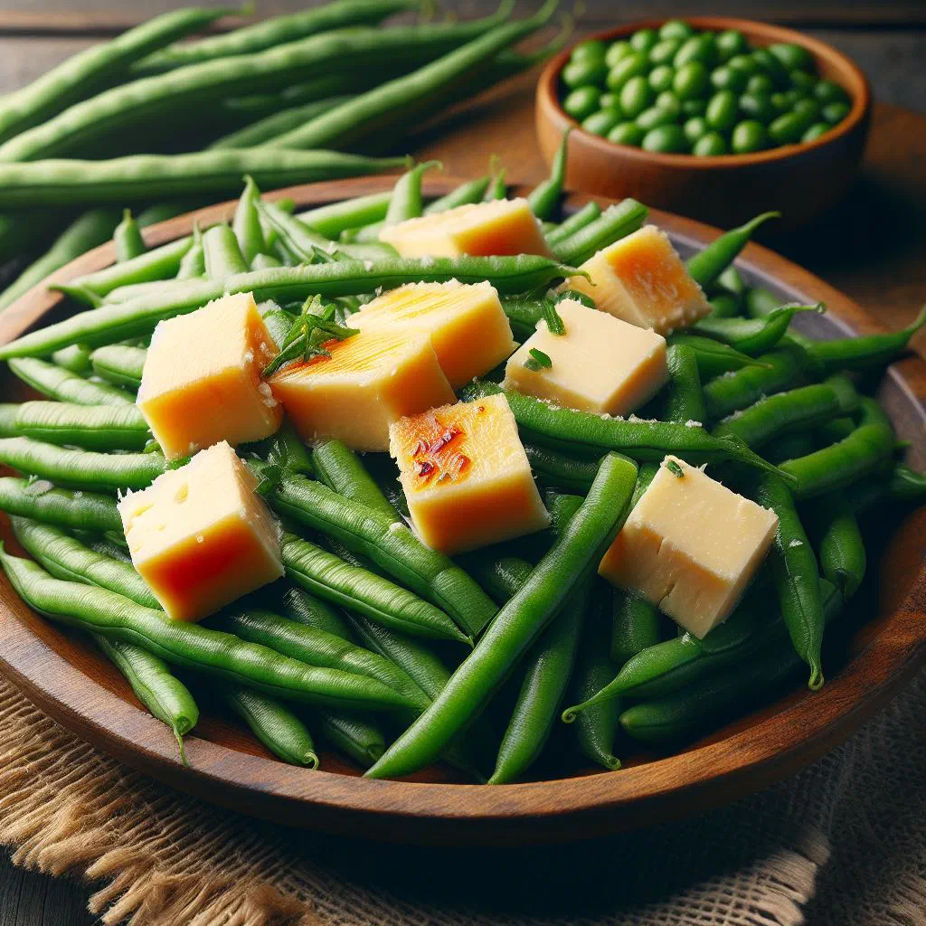 Green beans tossed with golden cubes of coalho cheese in a bowl