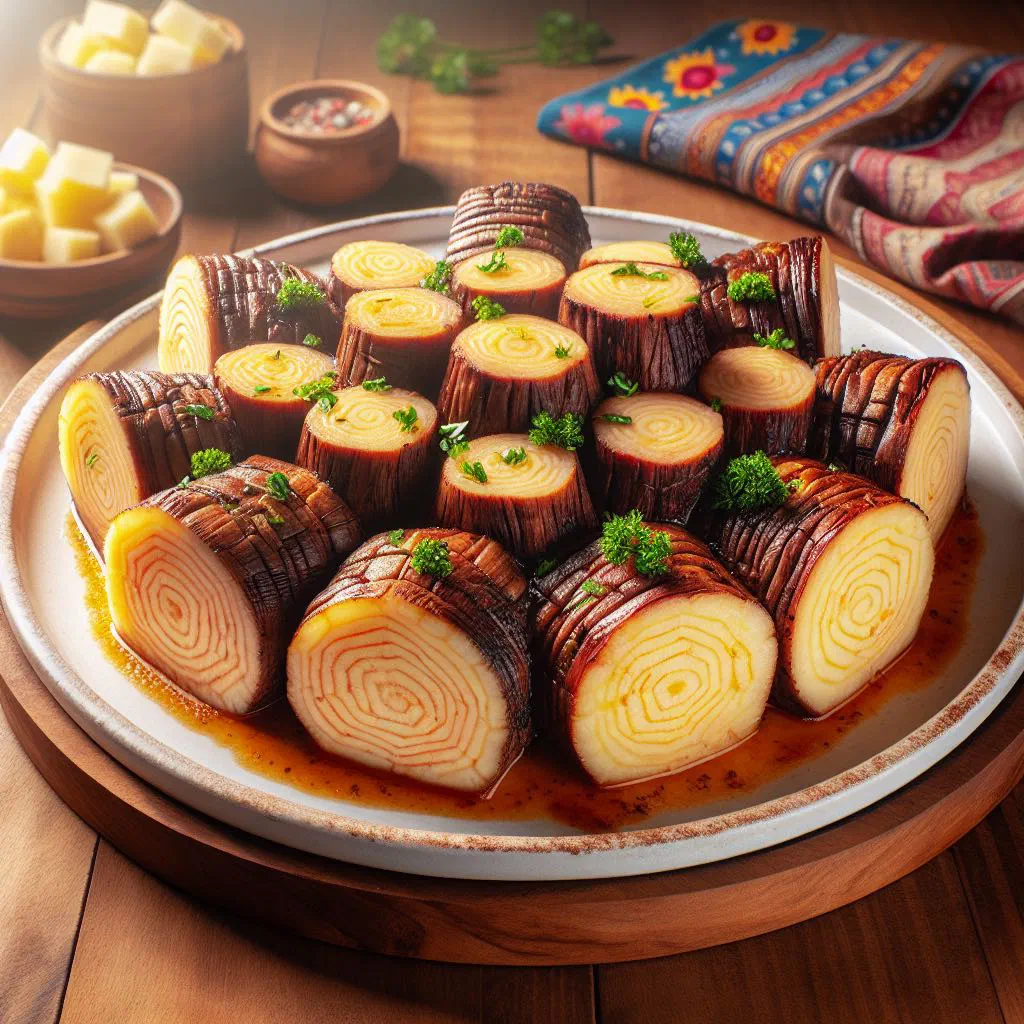 Macaxeira com carne with tender cassava cubes and browned beef garnished with fresh herbs