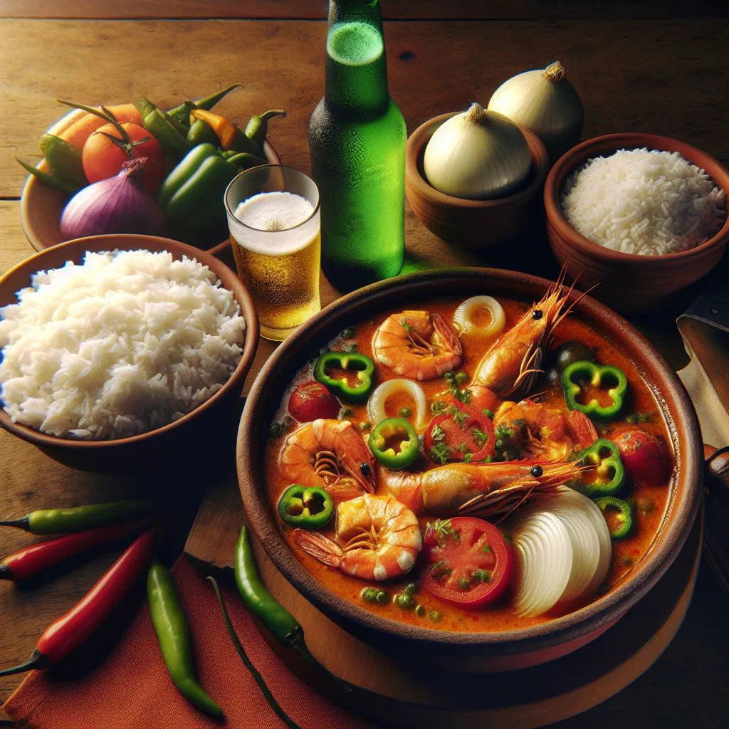Brazilian moqueca fish stew with peppers and coriander in a pot