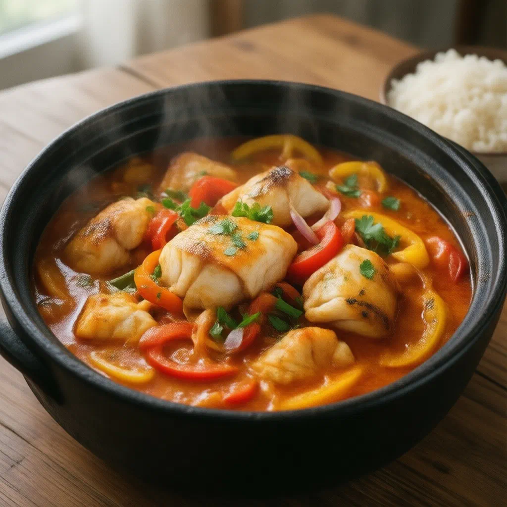 Brazilian moqueca fish stew with peppers and coriander in a pot