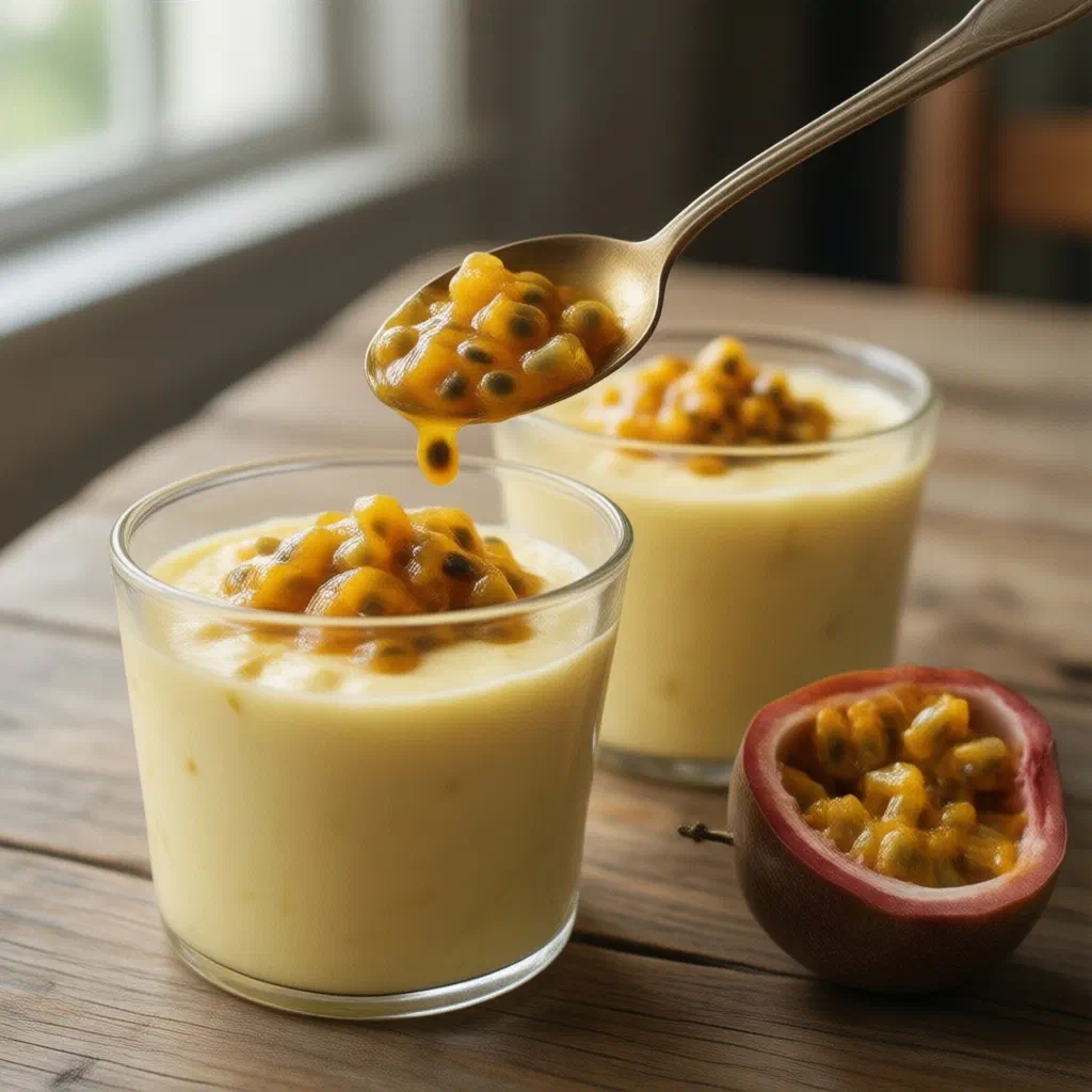 Creamy passion fruit mousse in a glass topped with passion fruit seeds and mint