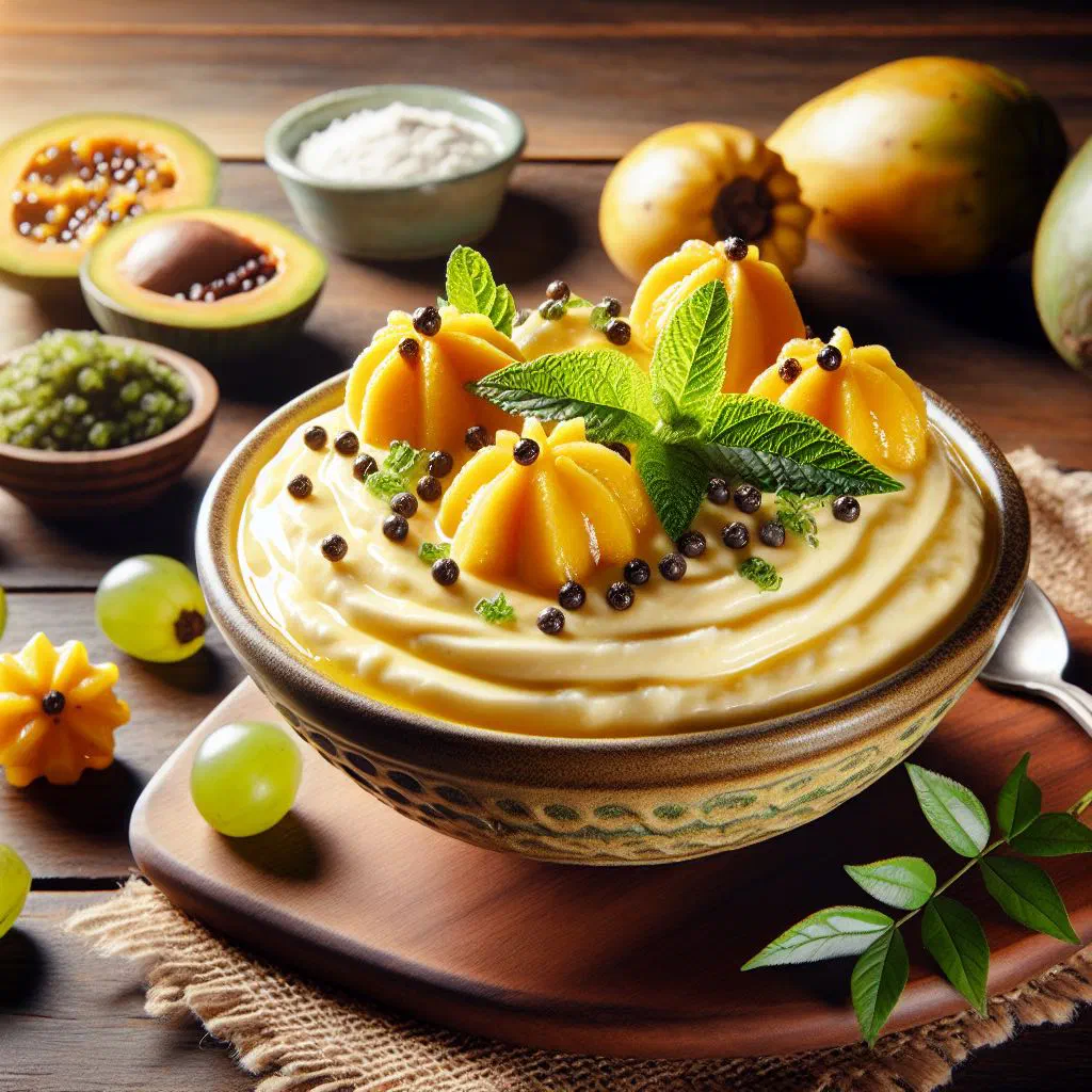 Creamy passion fruit mousse in a glass topped with passion fruit seeds and mint