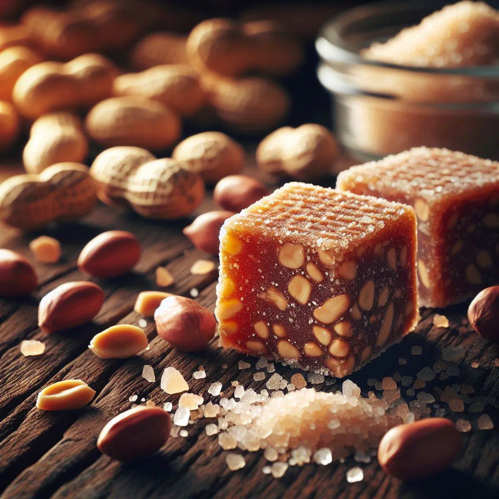 Pieces of Pé de Moleque peanut brittle with golden caramel