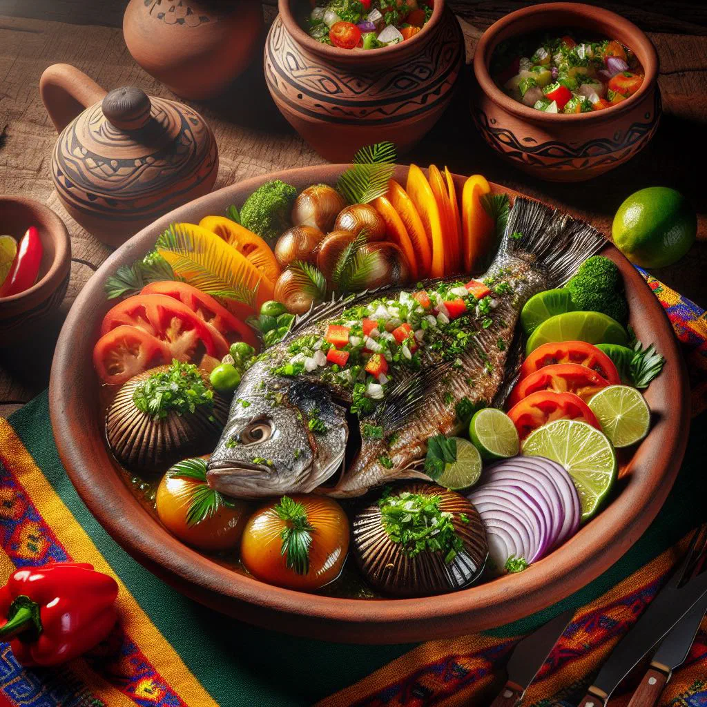 Baked fish with peppers, tomatoes and lime served on a clay roof tile