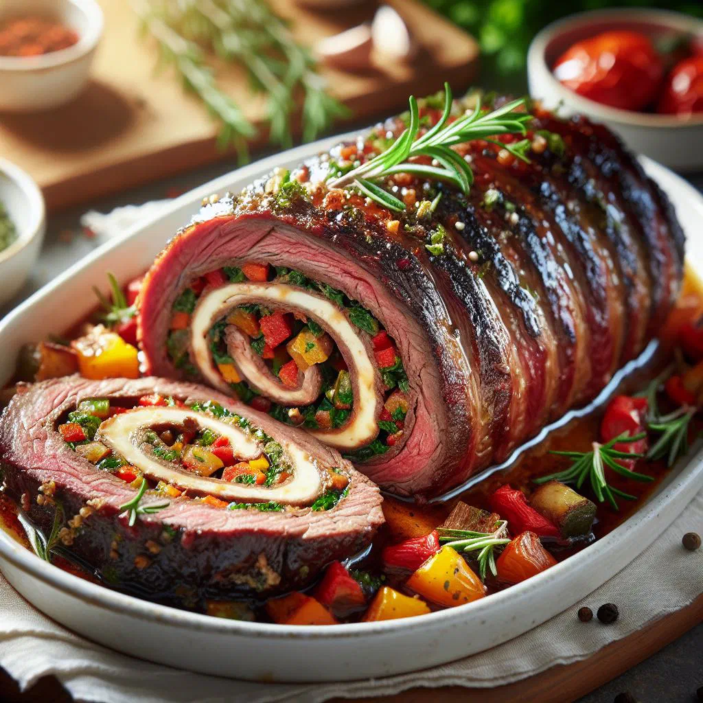 Sliced Brazilian rocambole de carne meat roll filled with ham and cheese