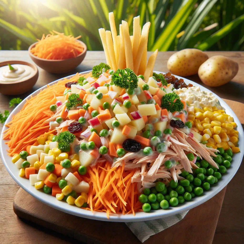 Colourful Brazilian chicken salad garnished with fresh parsley