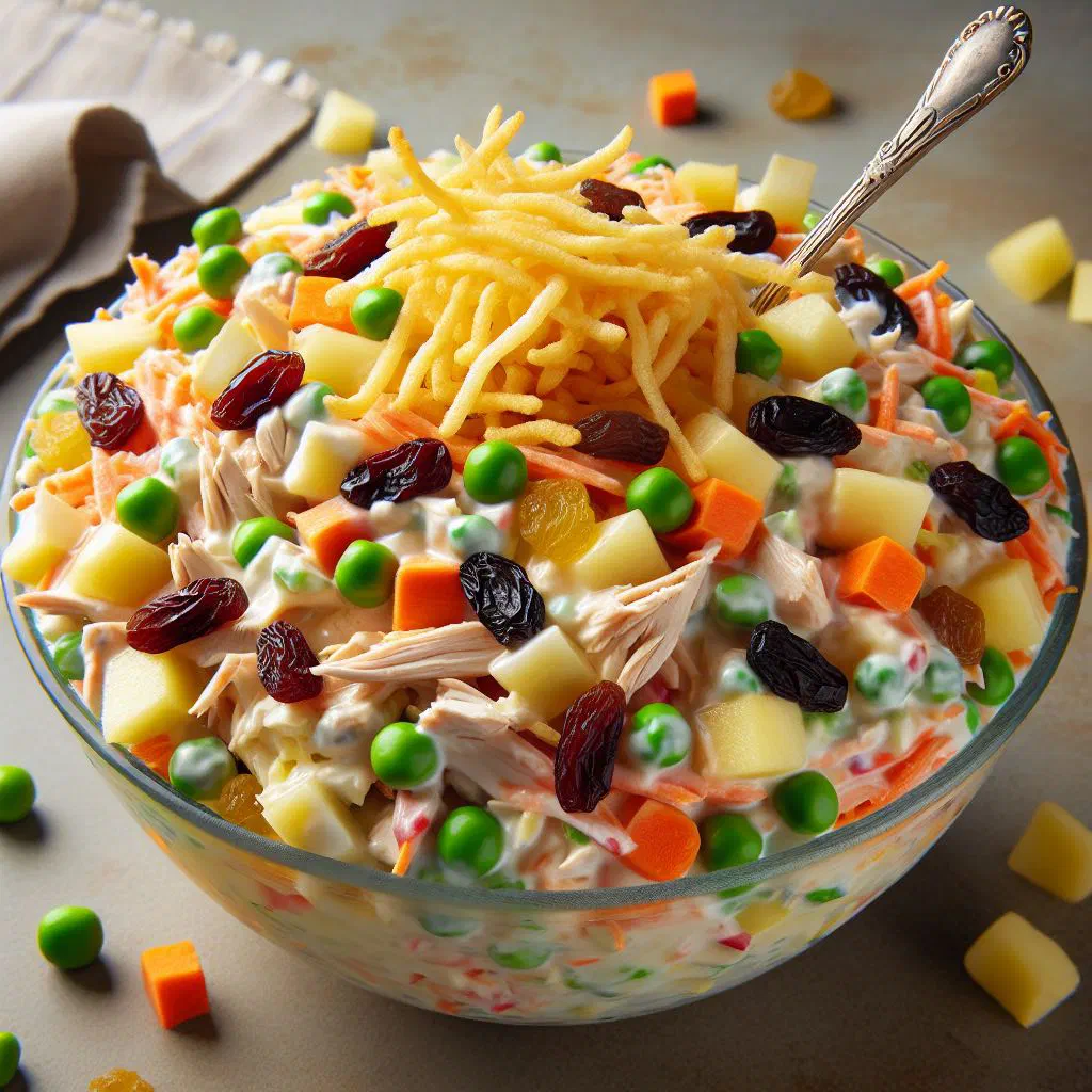 Creamy Brazilian salpicão chicken salad with shredded vegetables in a bowl