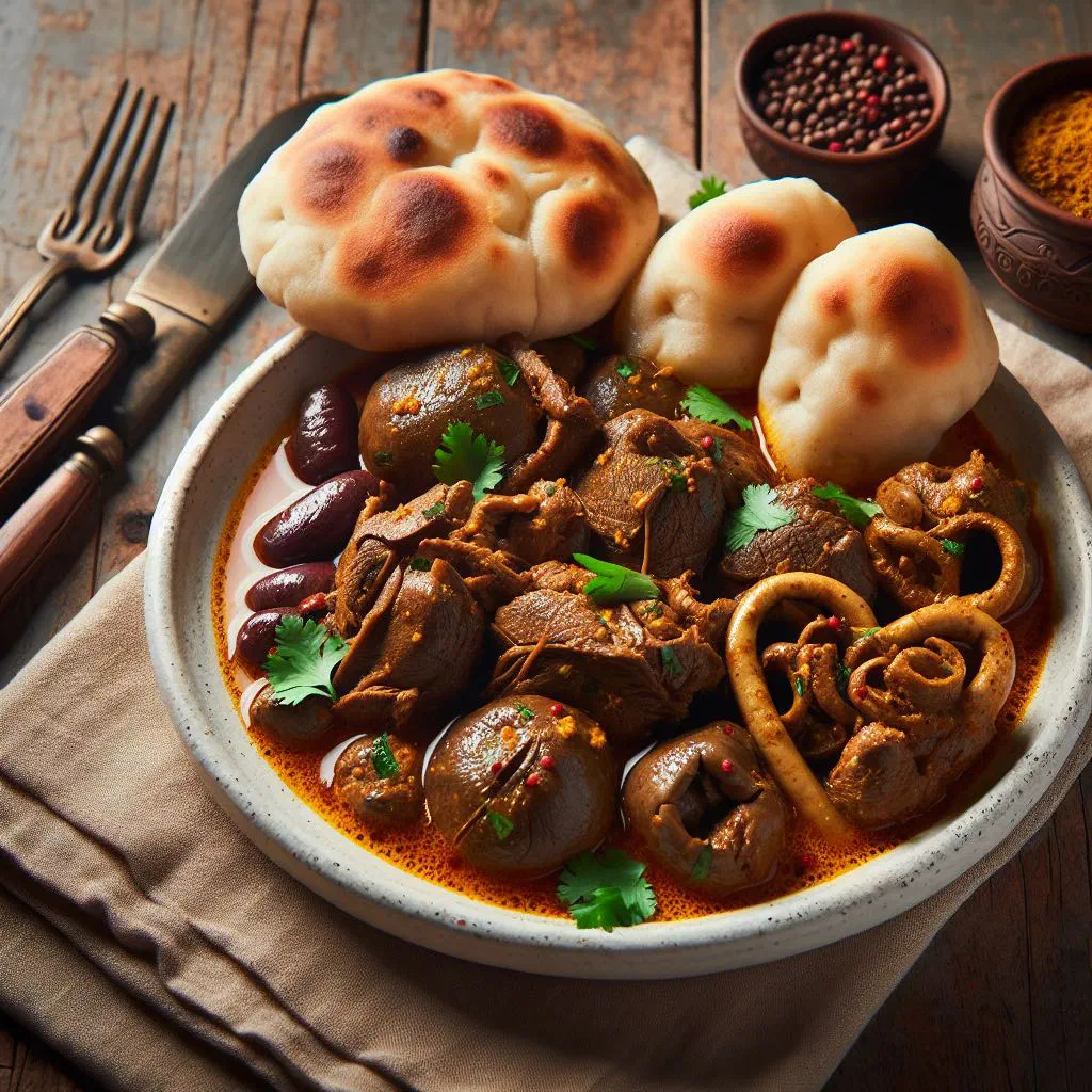 Bowl of Brazilian sarapatel stew with tender meat in a rich spiced sauce