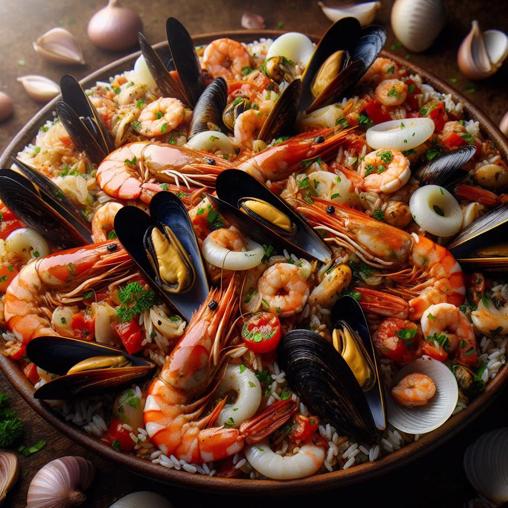 Brazilian seafood rice with prawns, mussels and fresh herbs in a pan
