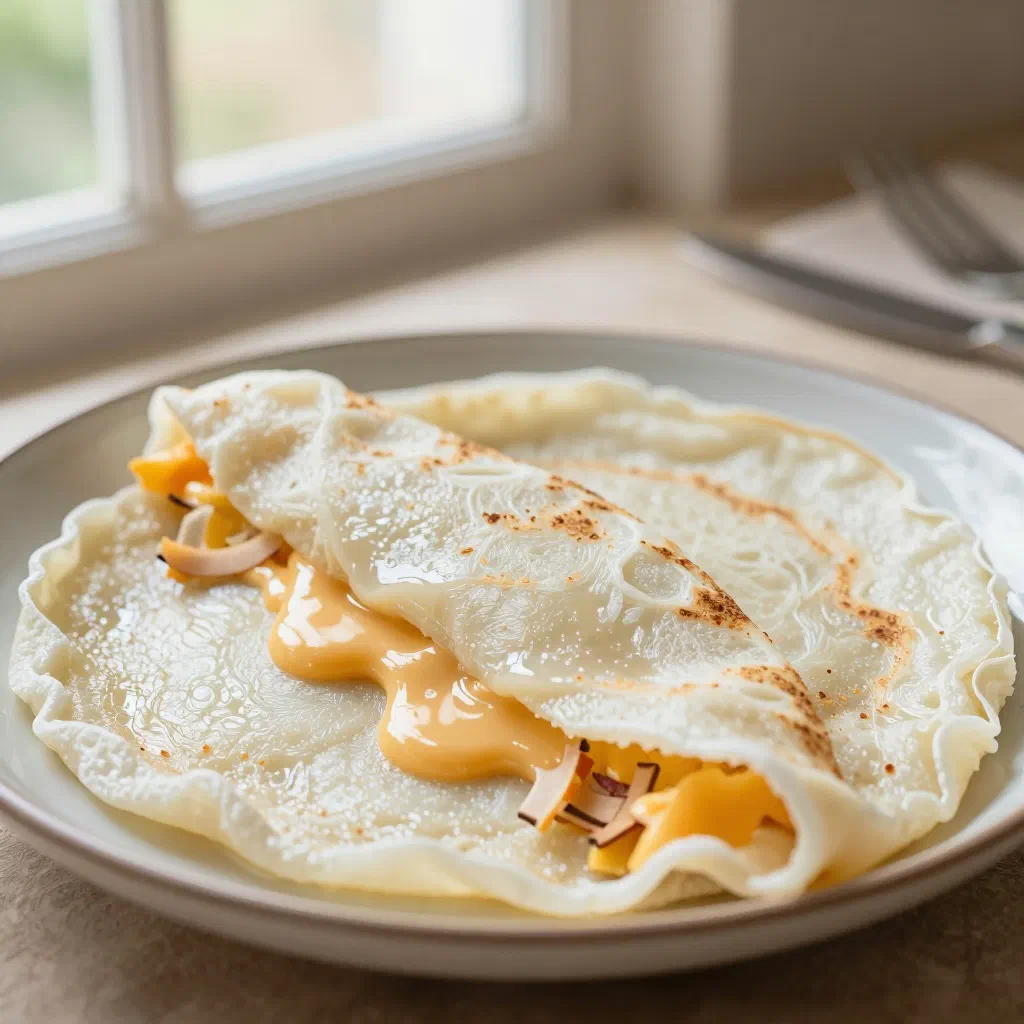 Folded tapioca crepe filled with cheese on a wooden board