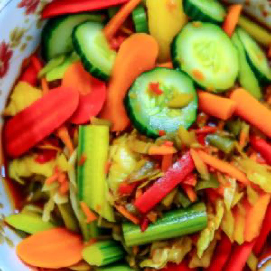 Bowl of colourful pickled acar vegetables garnished with fresh coriander