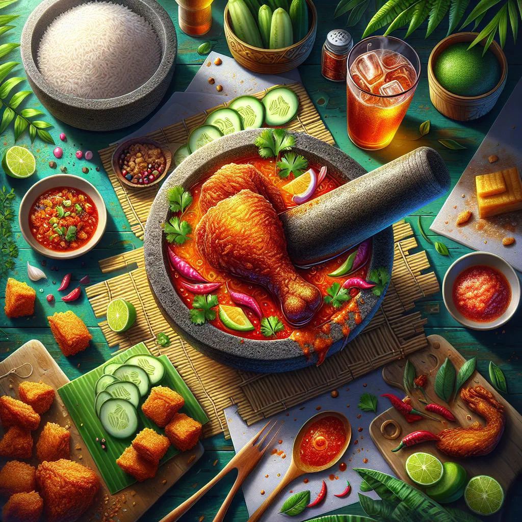 Smashed fried chicken with spicy sambal and steamed rice