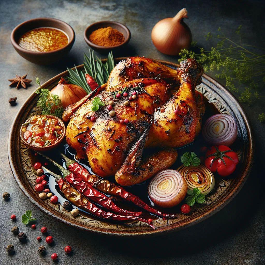 Grilled ayam percik chicken glazed in spiced coconut sauce with lime wedges