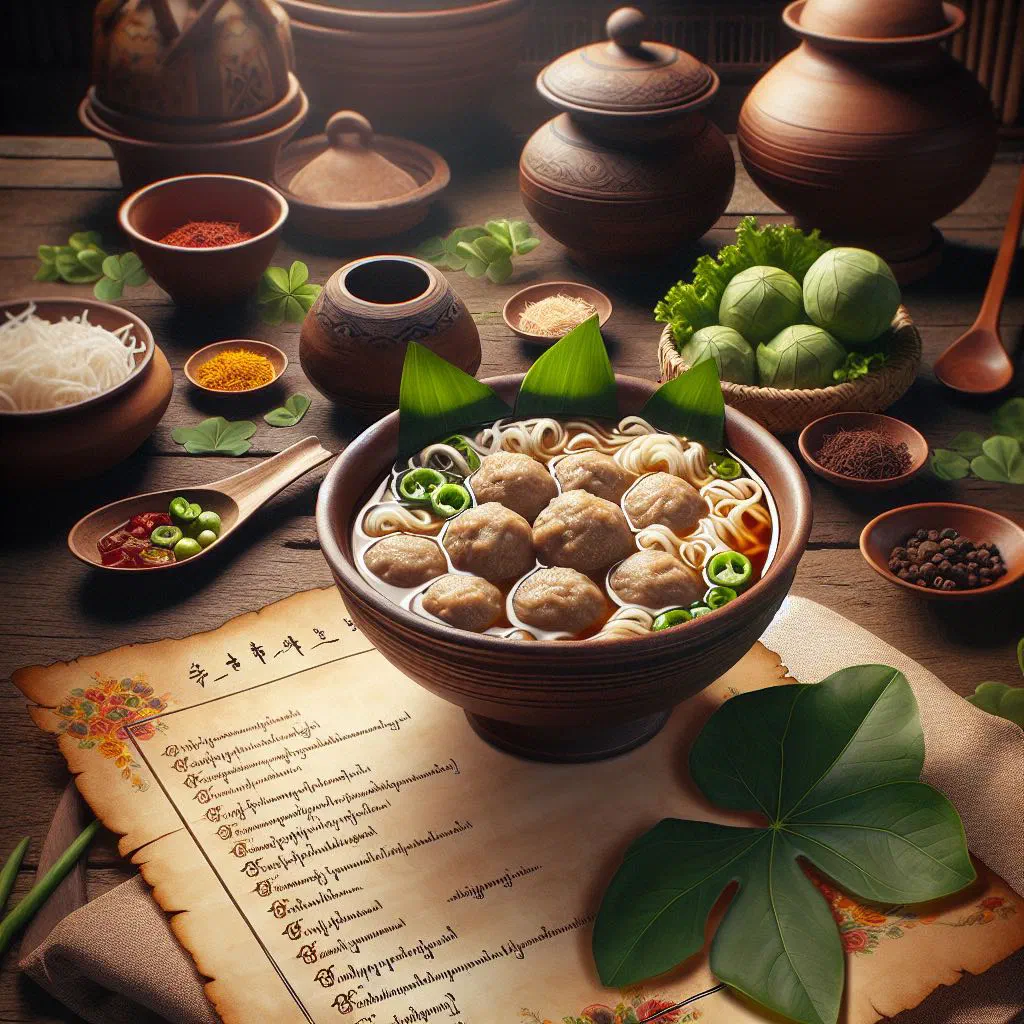 Bowl of bakso meatball soup garnished with fresh spring onions and coriander