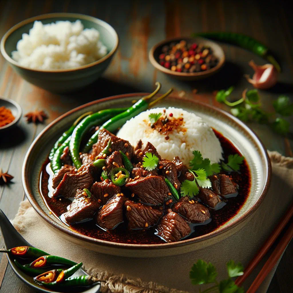 Braised beef in a glossy soy sauce garnished with fresh coriander