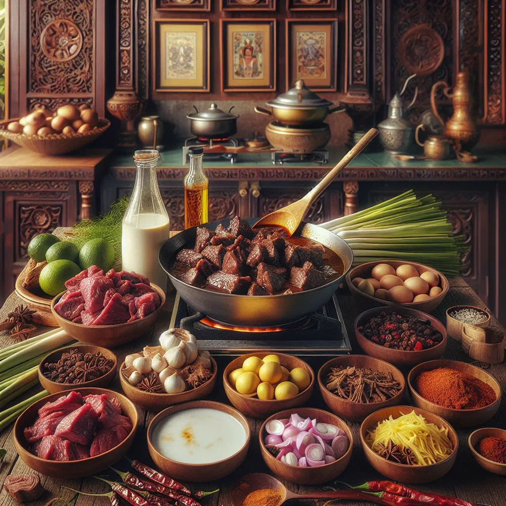 Slow-cooked beef rendang in a rich, dark coconut and spice sauce