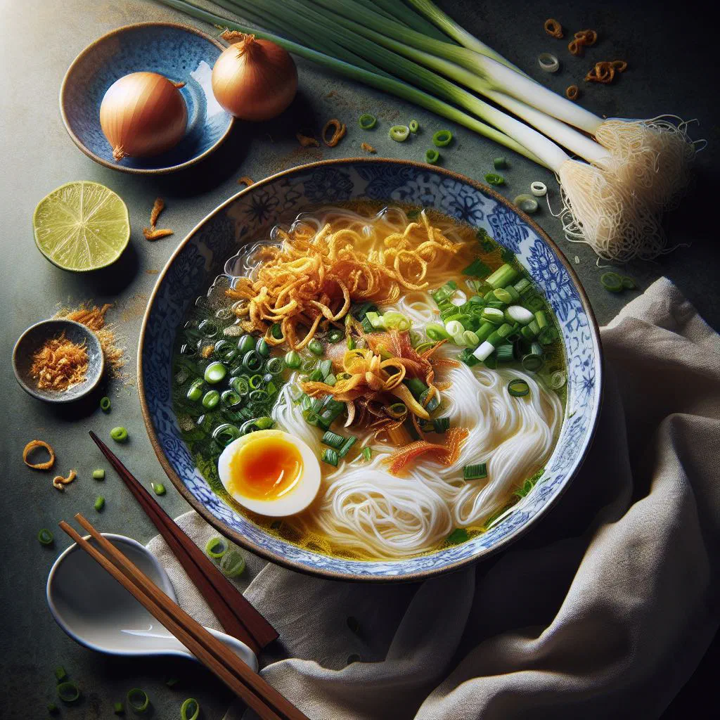 Bowl of bihun sup with rice vermicelli, sliced carrot and fresh coriander