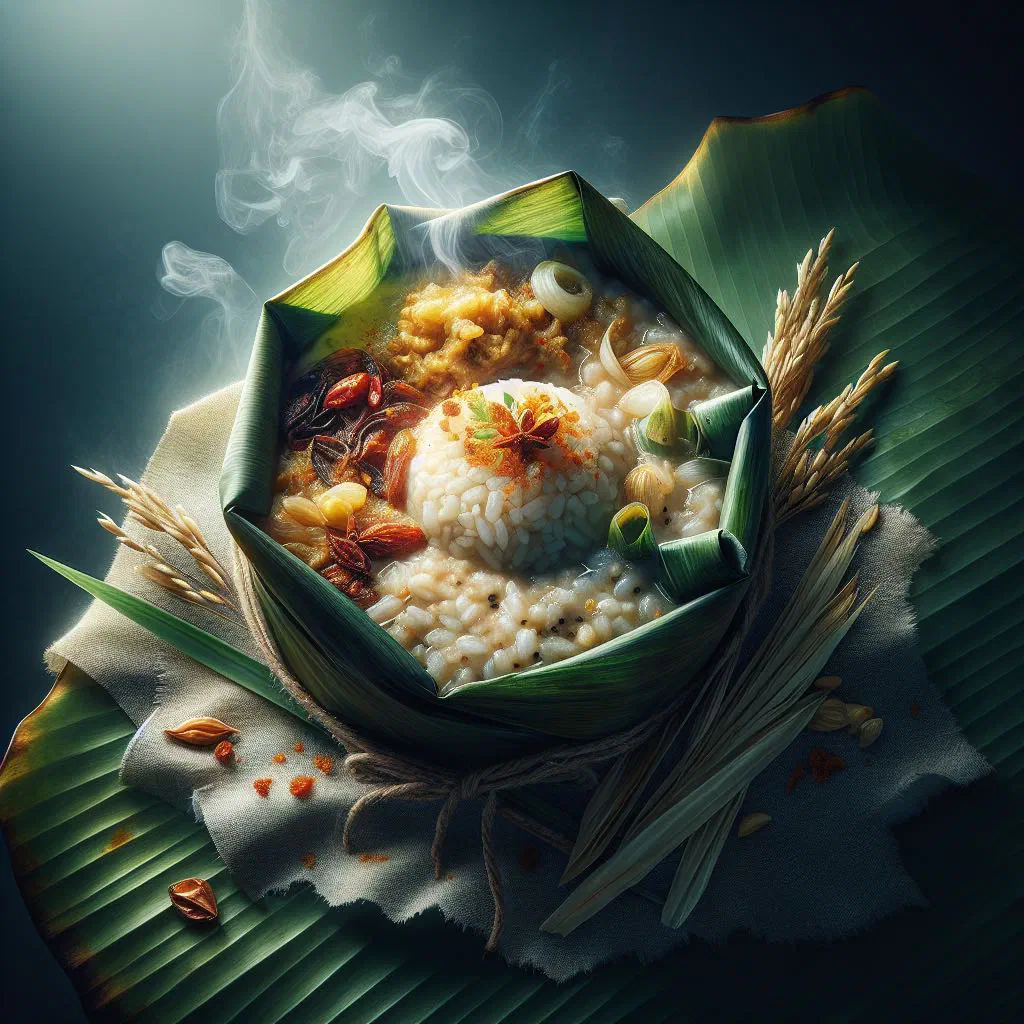 Bowl of creamy bubur lambuk rice porridge garnished with fresh coriander