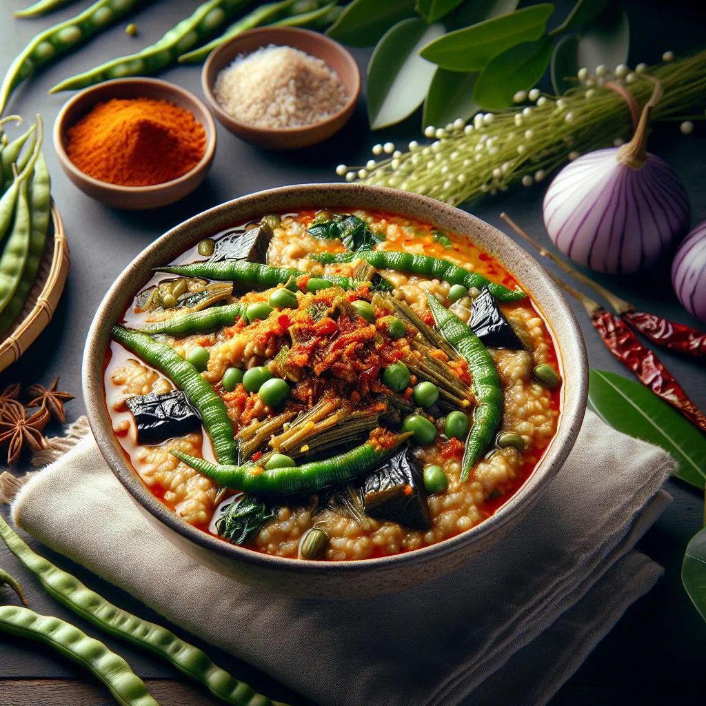 A bowl of spicy Bubur Pedas rice porridge garnished with fresh herbs
