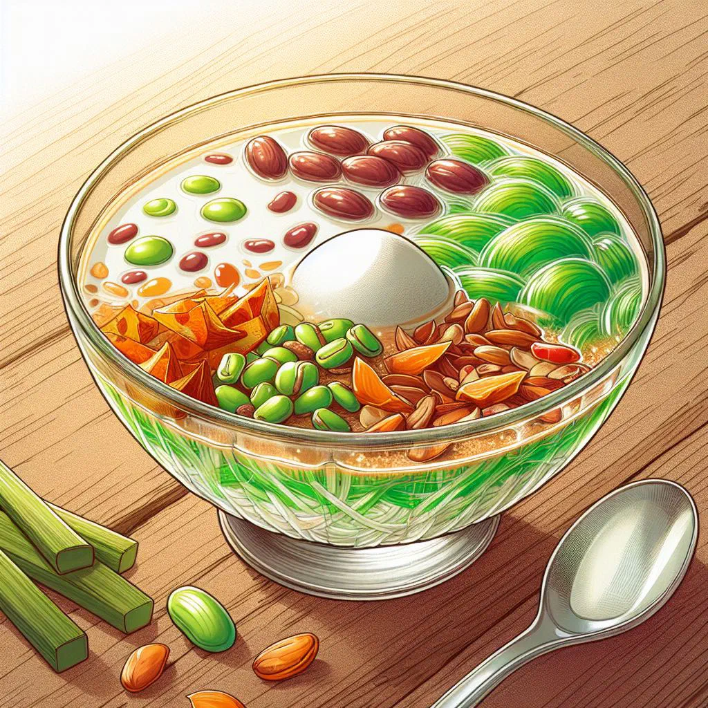 Bowl of cendol with green rice-flour noodles, coconut milk and palm sugar syrup over crushed ice