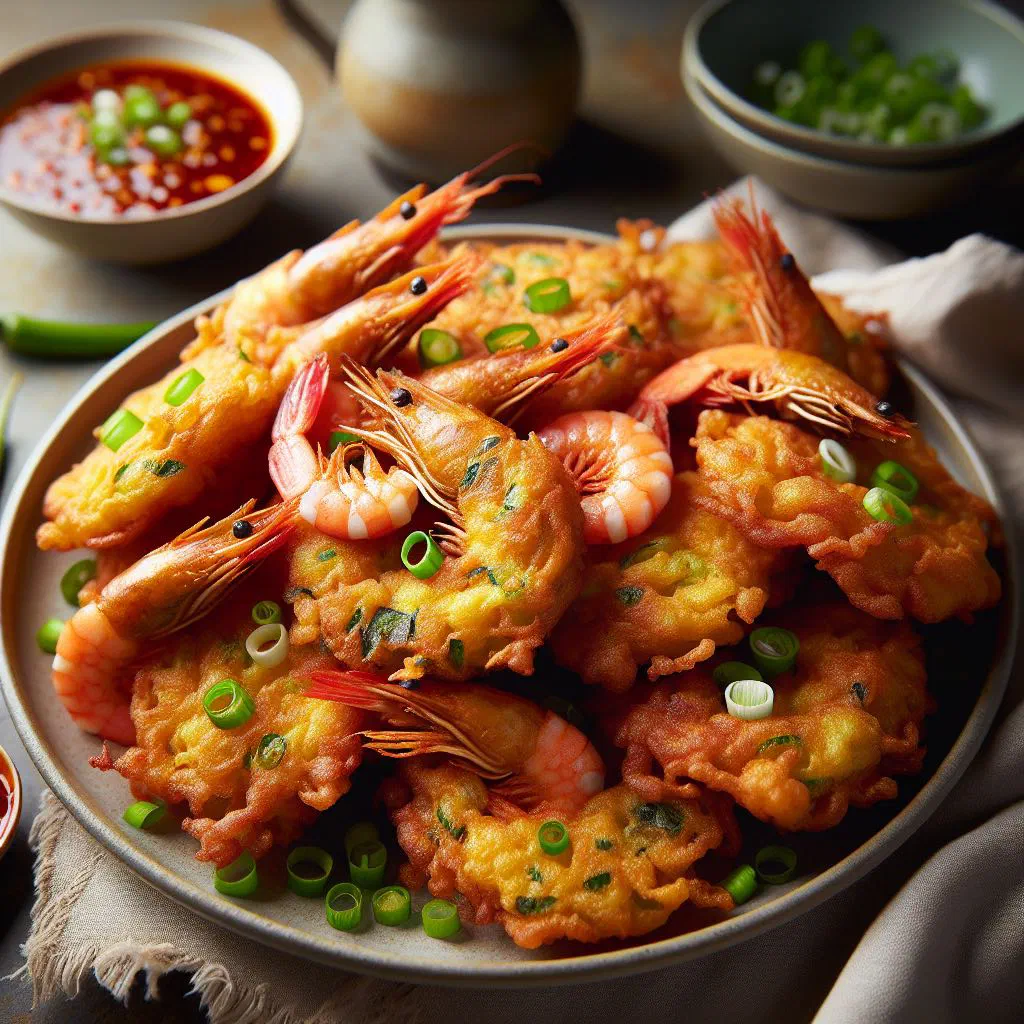 Golden, crispy cucur udang prawn fritters served with chilli dipping sauce