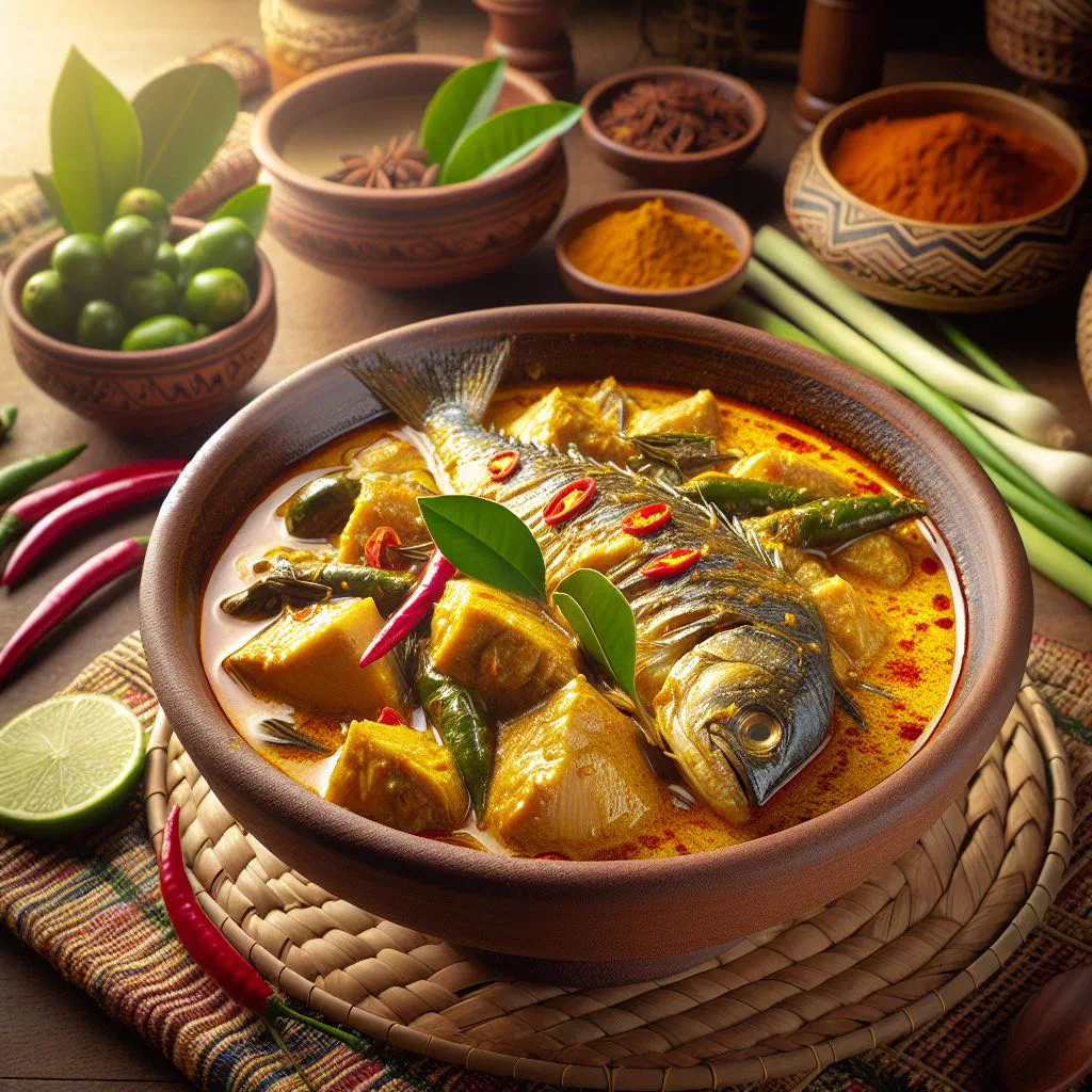Bruneian fish curry in coconut sauce garnished with fresh coriander