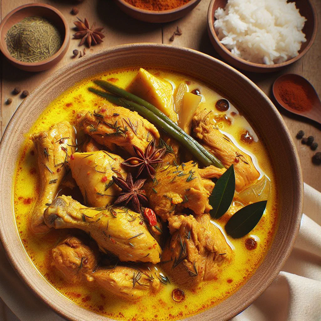 Gulai ayam chicken simmered in a golden coconut milk sauce, garnished with fresh herbs