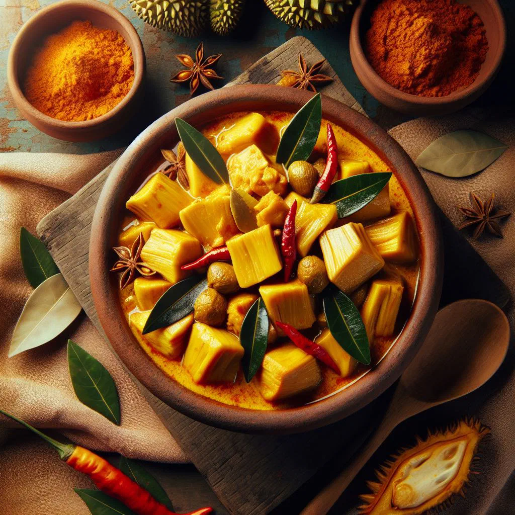 Bowl of gulai nangka jackfruit curry in creamy coconut sauce garnished with coriander
