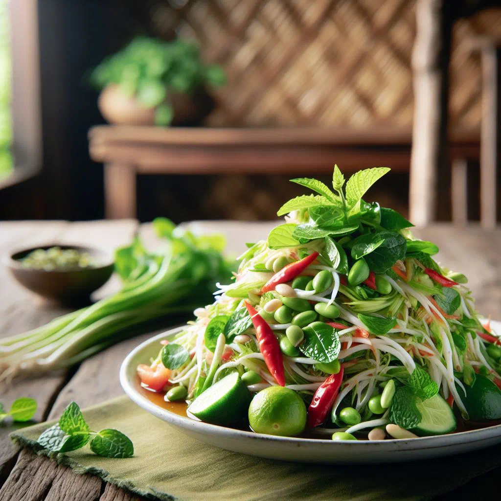 A colourful bowl of kerabu with fresh herbs, crunchy vegetables and seafood