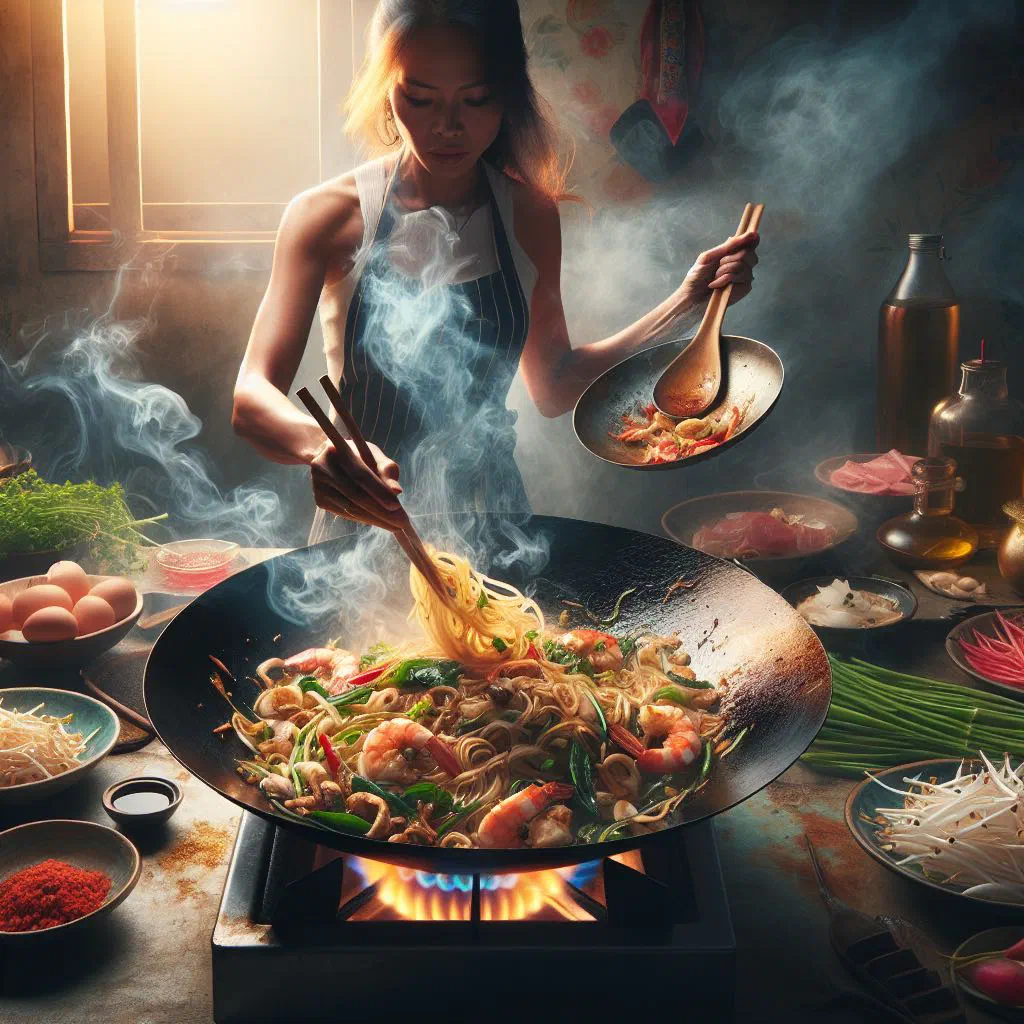 Stir-fried flat rice noodles with vegetables and herbs in a bowl
