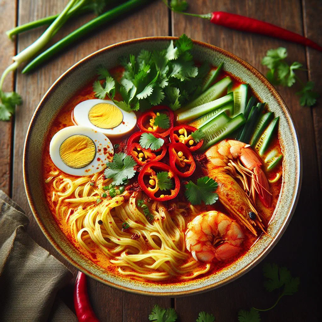 Bowl of Laksa Brunei noodle soup with coconut broth, bean sprouts and spring onions