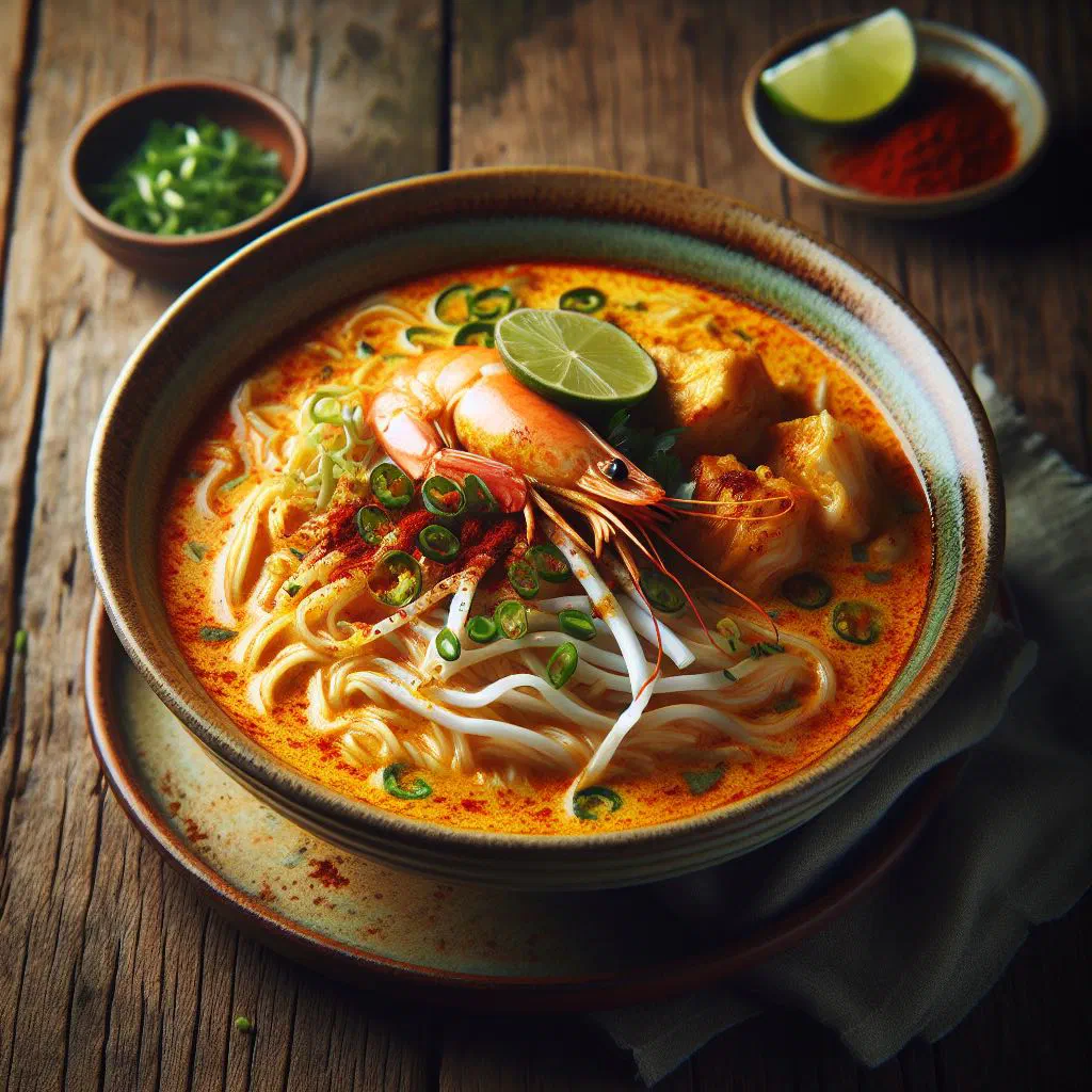 A bowl of Brunei laksa noodle soup with rice noodles, coconut broth and fresh herbs