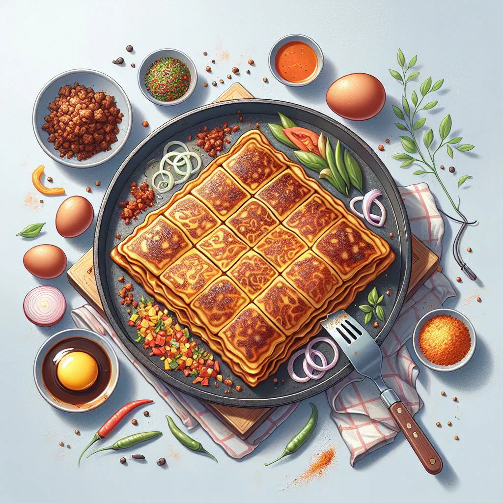 Golden fried martabak pastry cut into pieces with a savoury filling